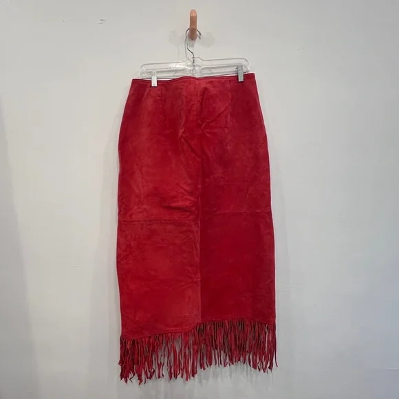 Red Suede Leather Wrap Maxi Skirt w/ Fringe - Size L - Picture 3 of 5